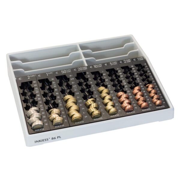 Euro coins sorted in cash tray organizer