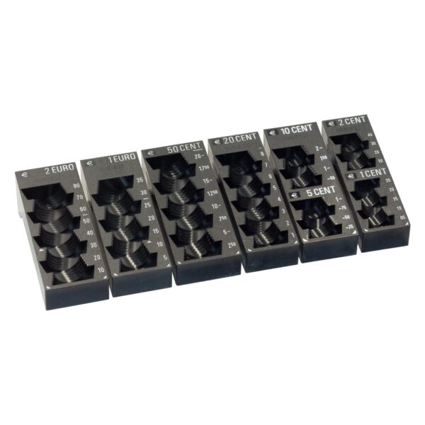 Euro coin counter trays with assorted denominations.