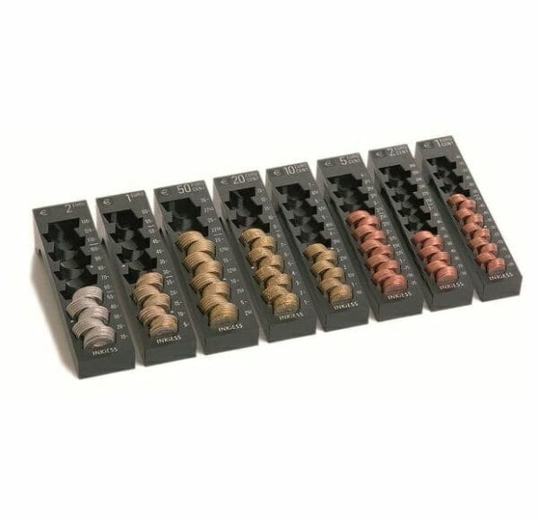 Assorted coins sorted in coin organizers.
