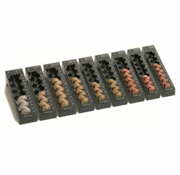 Assorted UK coin denominations sorted in trays.