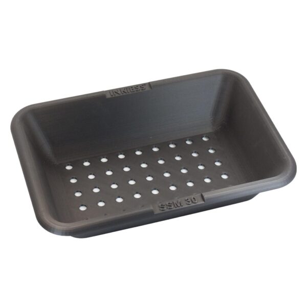 Black plastic perforated tray on white background.