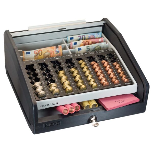 Open cash drawer with euro notes and coins