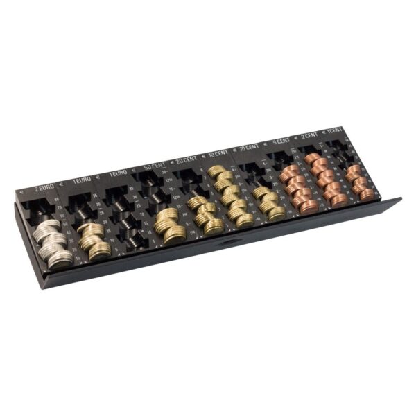 Euro coin sorter tray with assorted denominations.