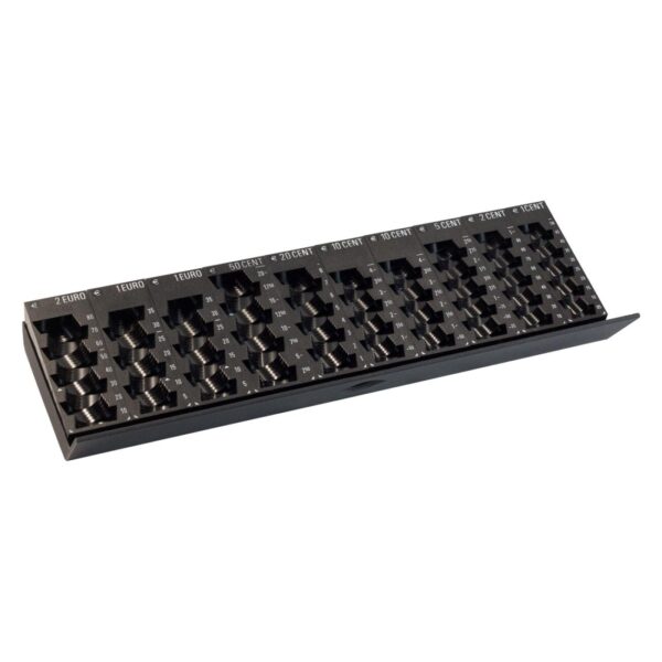 Black euro coin sorter tray with labels
